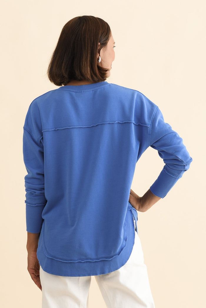Simplified Cobalt Cotton Crewneck Sweatshirt,Brunette model,alt text|model:Cara
