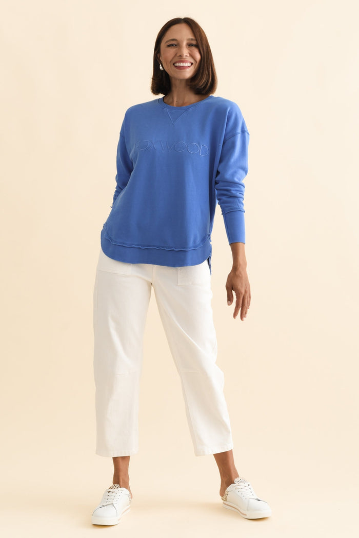 Simplified Cobalt Cotton Crewneck Sweatshirt,Brunette model,alt text|model:Cara
