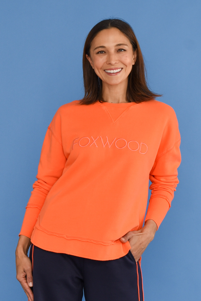 Simplified Orange Cotton Crewneck Sweatshirt,brunette model,Lifestyle