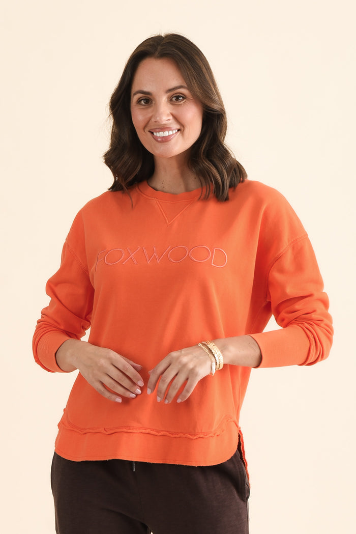 Simplified Orange Cotton Crewneck Sweatshirt,brunette model,Front of Outfit,alt text|model:MJ