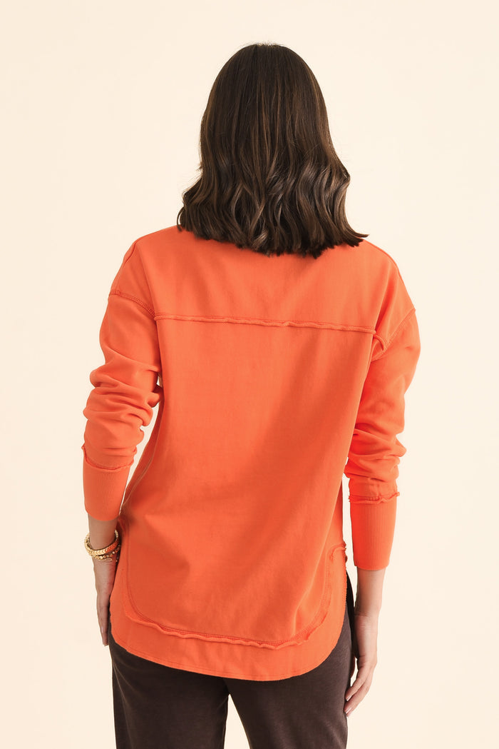 Simplified Orange Cotton Crewneck Sweatshirt,brunette model,Back of Outfit,alt text|model:MJ