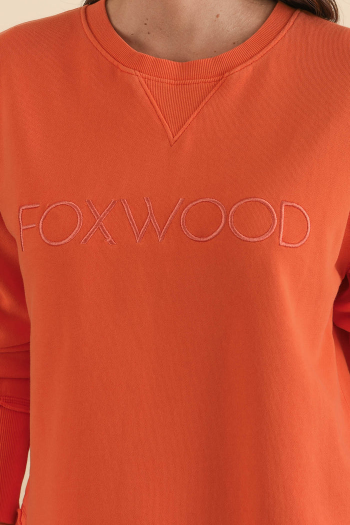 Simplified Orange Cotton Crewneck Sweatshirt,brunette model,Close up of outfit,alt text|model:MJ