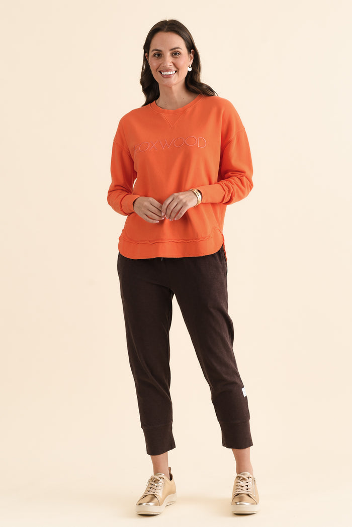 Simplified Orange Cotton Crewneck Sweatshirt,brunette model,Full Outfit,alt text|model:MJ