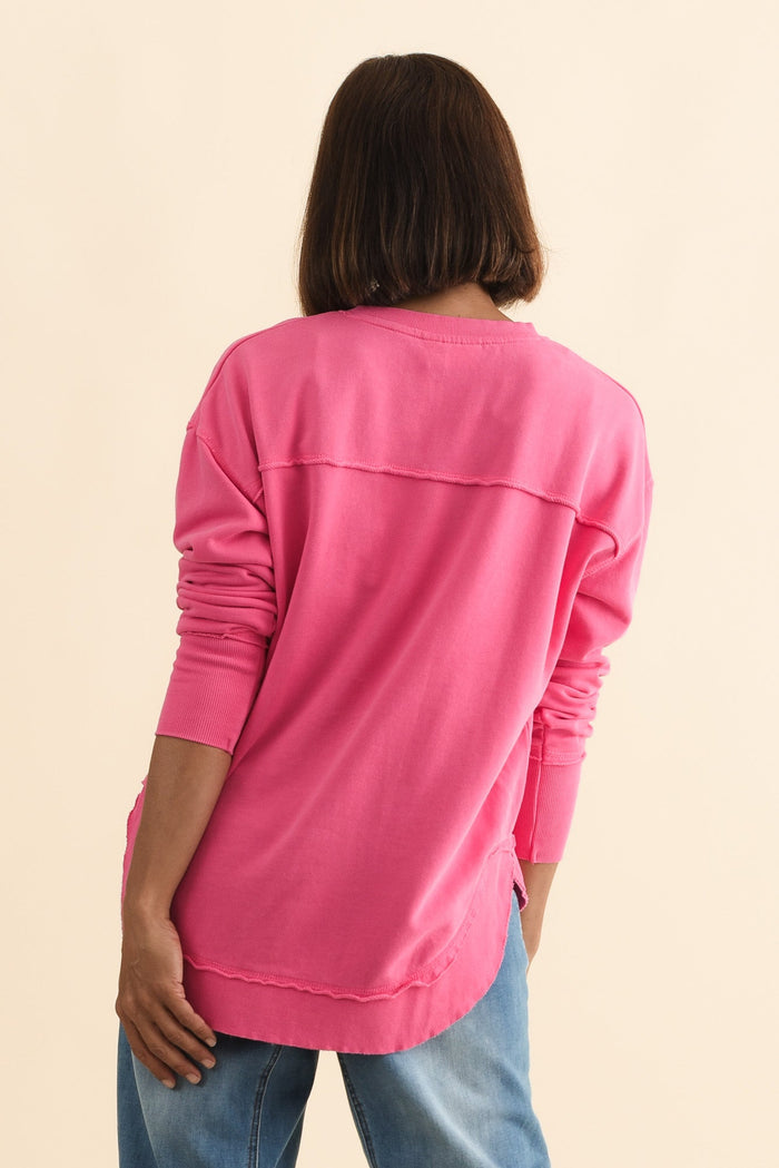 Simplified Pink Cotton Crewneck Sweatshirt,Brunette model,alt text|model:Cara