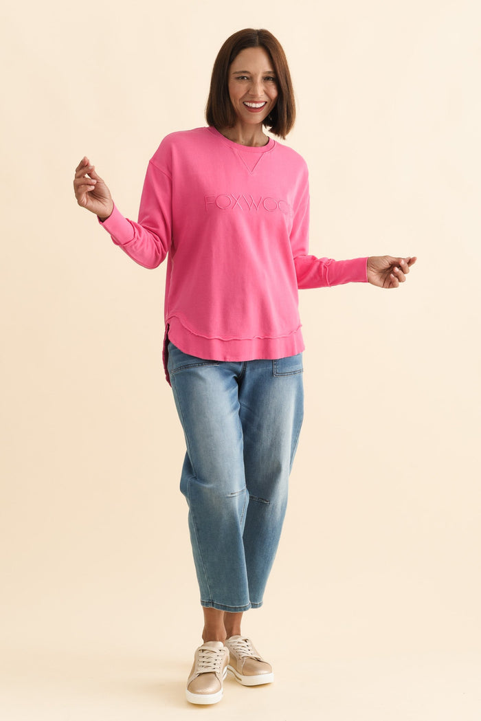 Simplified Pink Cotton Crewneck Sweatshirt,Brunette model,alt text|model:Cara