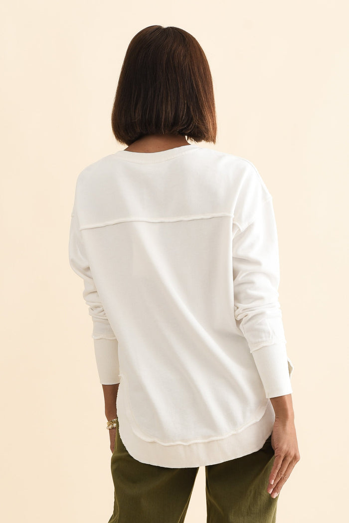 Simplified White Cotton Crewneck Sweatshirt,Brunette model,alt text|model:Cara
