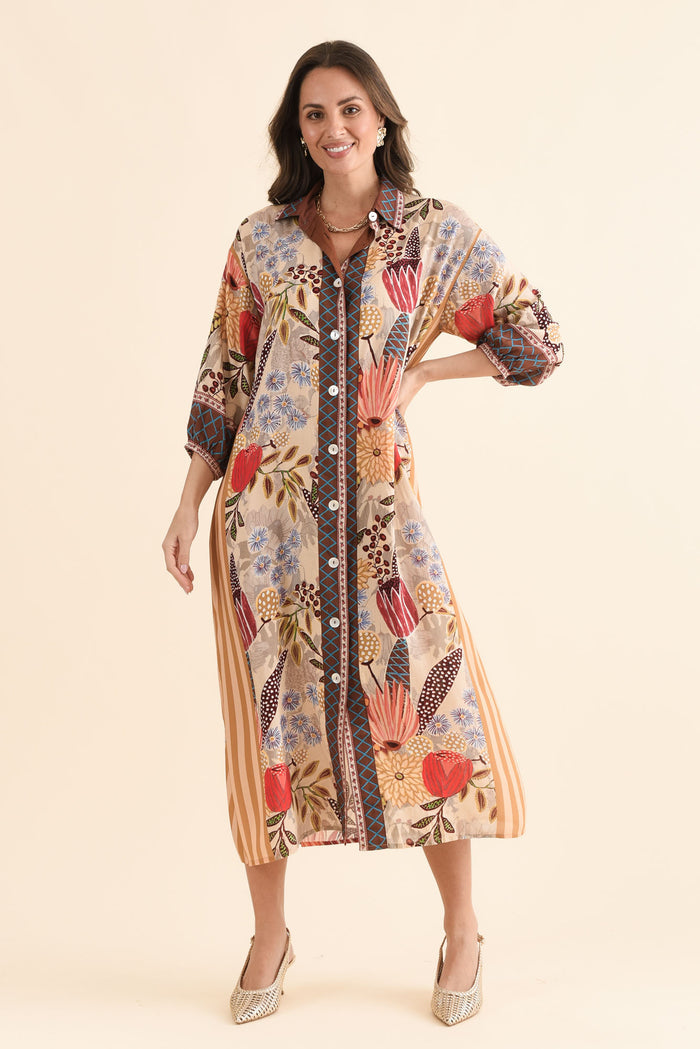 Sira Orange Garden Shirt Dress,Front,Brunette model,alt text|model:MJ