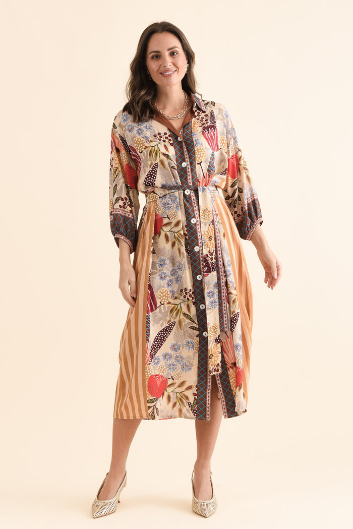 Sira Orange Garden Shirt Dress,Full Body,Brunette model,alt text|model:MJ
