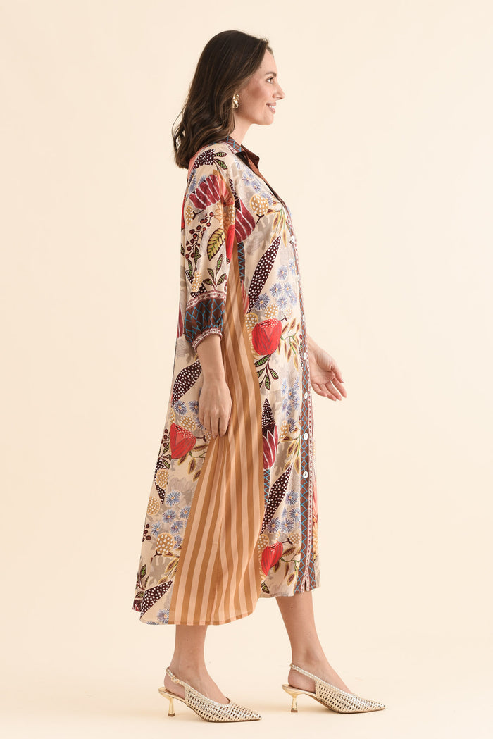 Sira Orange Garden Shirt Dress,Side,Brunette model,alt text|model:MJ