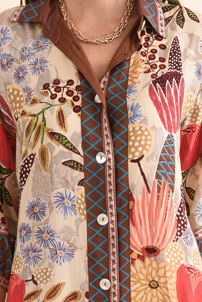 Sira Orange Garden Shirt Dress,Detail,Brunette model,alt text|model:MJ