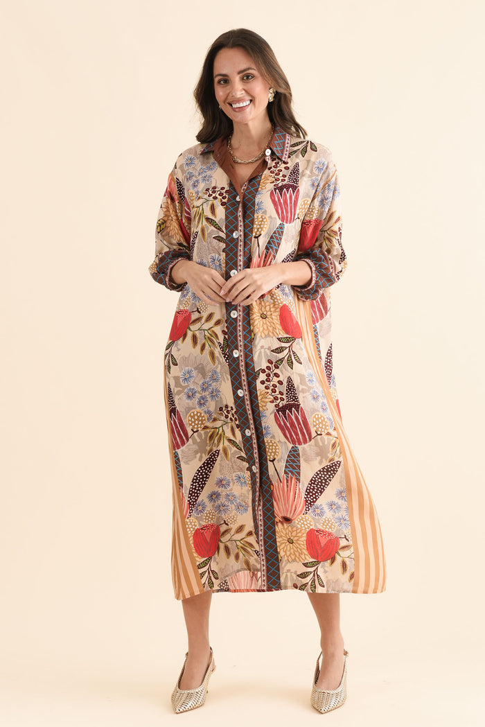 Sira Orange Garden Shirt Dress,Full Body,Brunette model,alt text|model:MJ