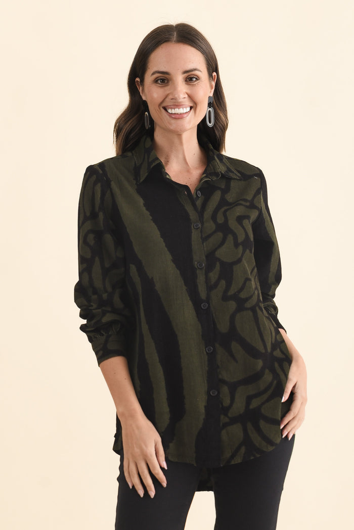 Sirah Olive Stripe Cotton Shirt,Brunette model,alt text|model:MJ