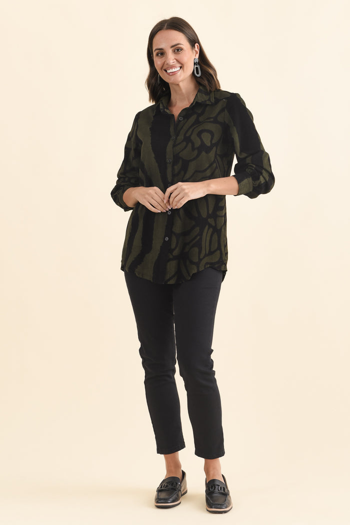 Sirah Olive Stripe Cotton Shirt,Brunette model,alt text|model:MJ