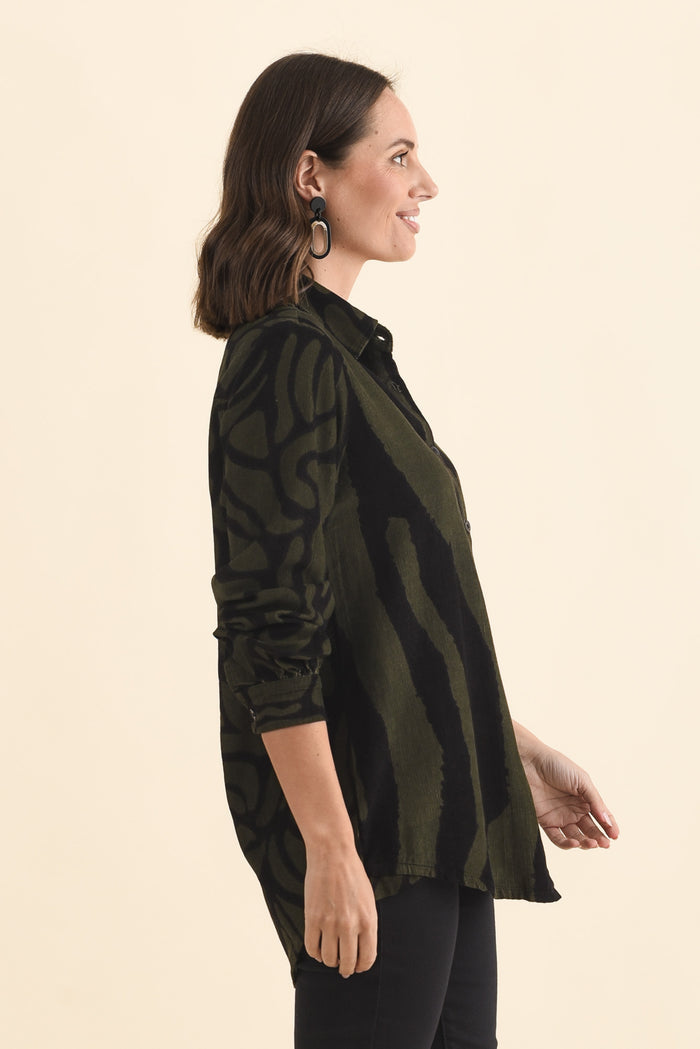 Sirah Olive Stripe Cotton Shirt,Brunette model,alt text|model:MJ