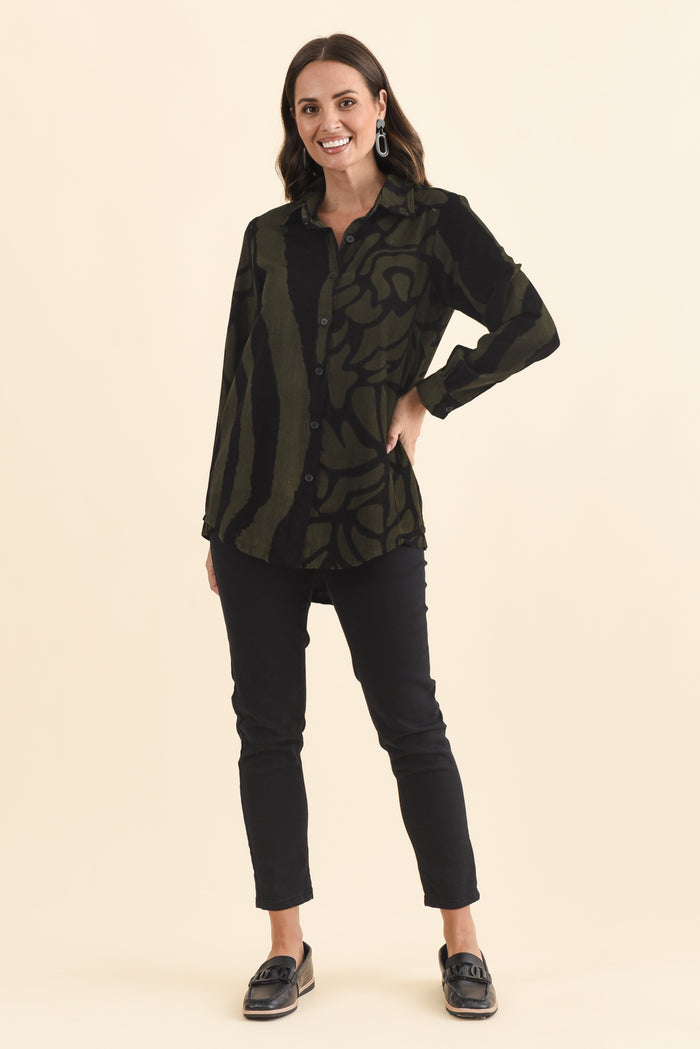 Sirah Olive Stripe Cotton Shirt,Brunette model,alt text|model:MJ