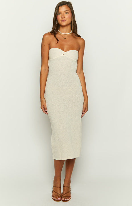 Front view of a cream knit strapless midi dress with a sweetheart neckline and bodycon fit