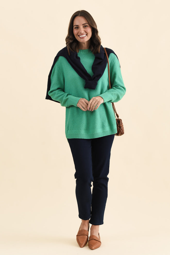 Skylar Green Cotton Blend Knit Jumper,Full Body,Brunette model,alt text|model:MJ