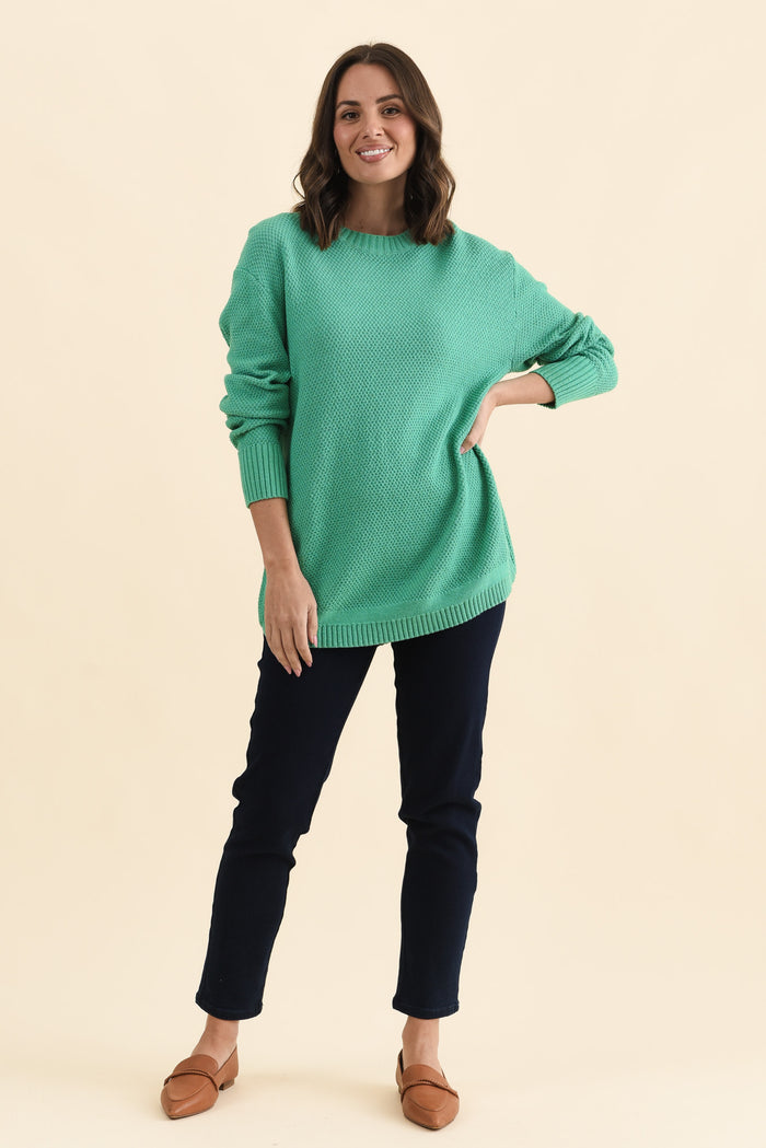 Skylar Green Cotton Blend Knit Jumper,Full Body,Brunette model,alt text|model:MJ
