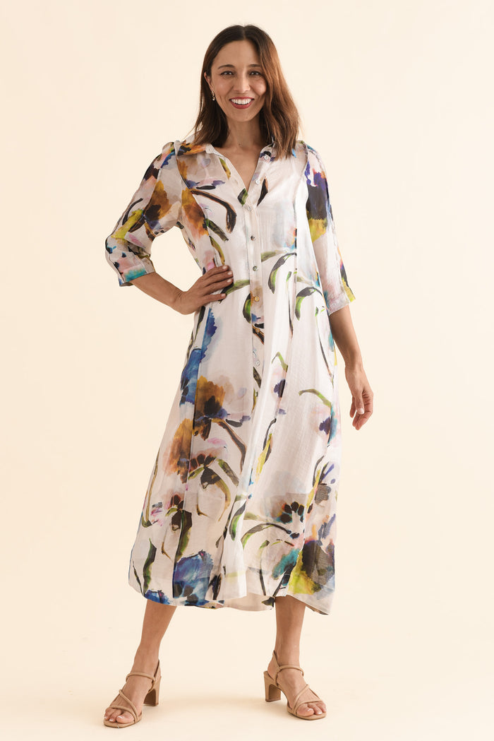 Soiree Blue Floral Shirt Dress,Front,Brunette model,alt text|model:Cara