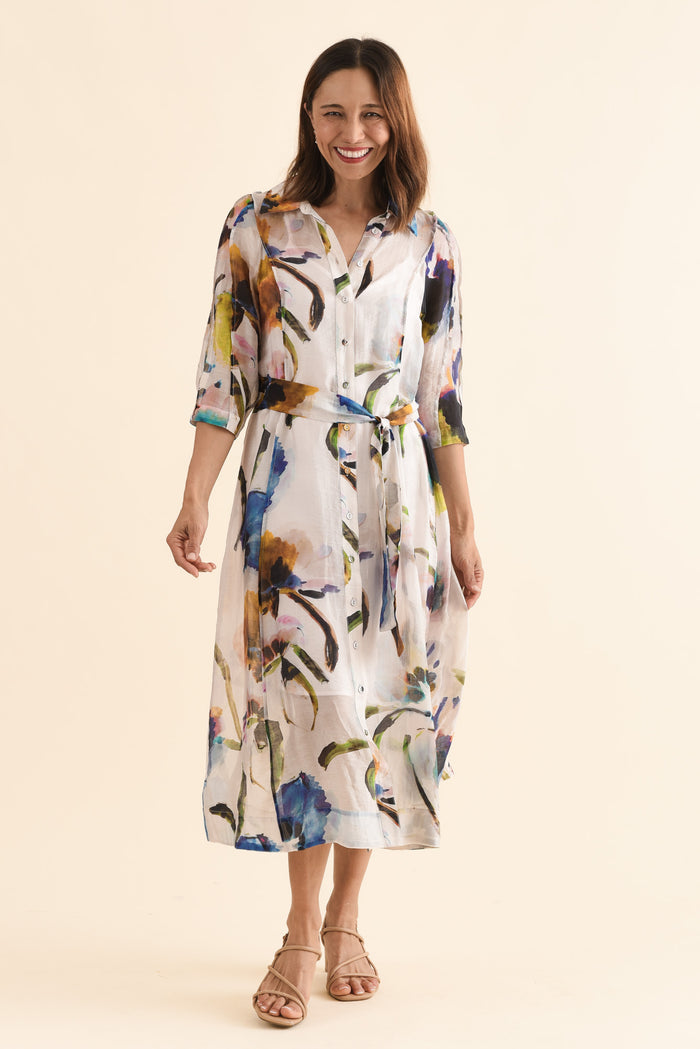 Soiree Blue Floral Shirt Dress,Full Body,Brunette model,alt text|model:Cara