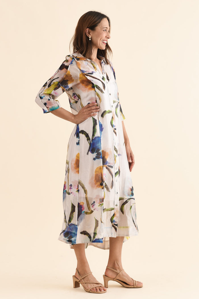 Soiree Blue Floral Shirt Dress,Side,Brunette model,alt text|model:Cara