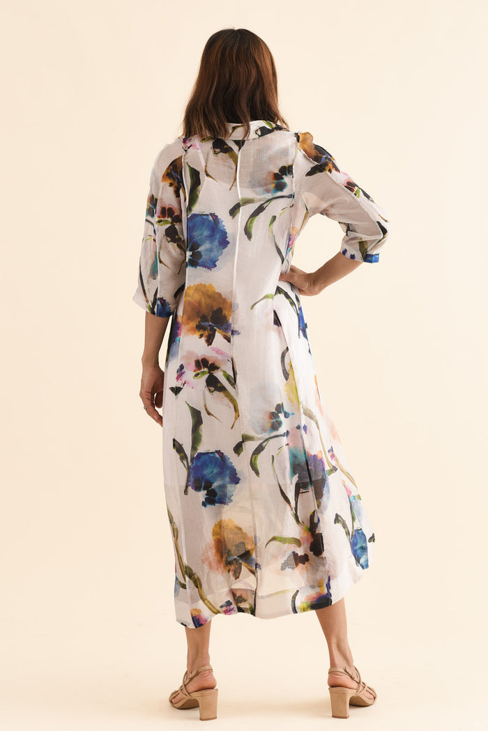 Soiree Blue Floral Shirt Dress,Back,Brunette model,alt text|model:Cara