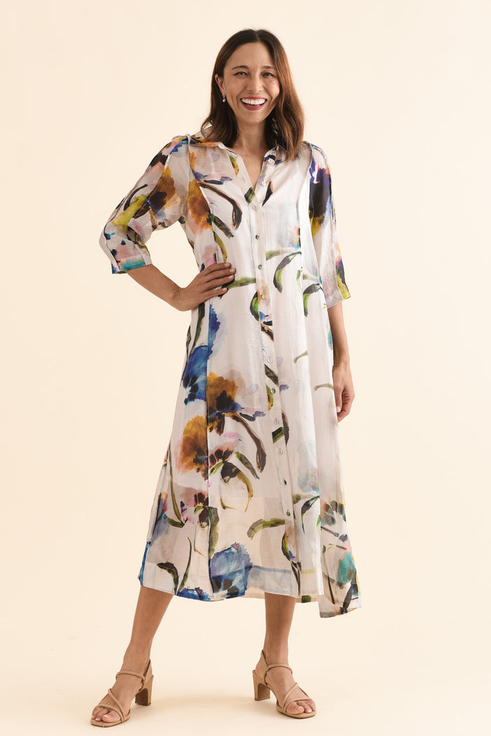Soiree Blue Floral Shirt Dress,Full Body,Brunette model,alt text|model:Cara