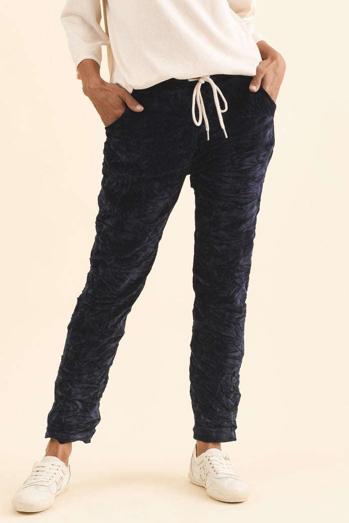Soleil Navy Drawstring Pants,Brunette model,alt text|model:Cara