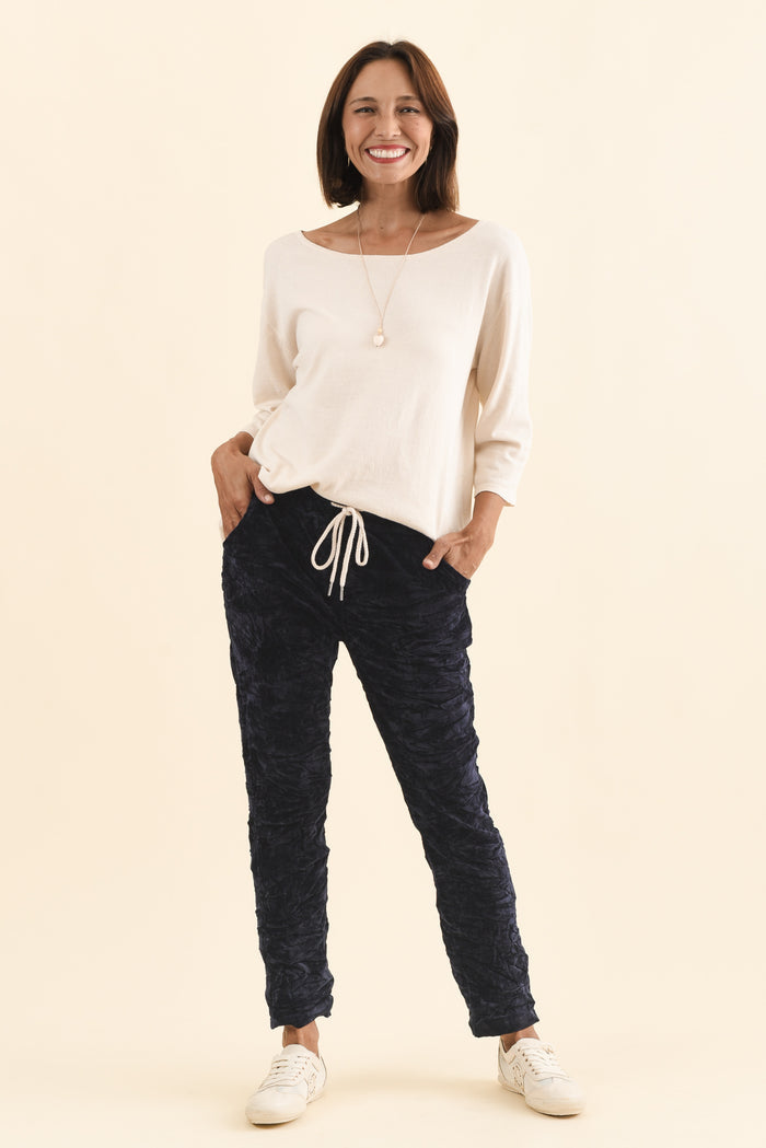 Soleil Navy Drawstring Pants,Brunette model,alt text|model:Cara