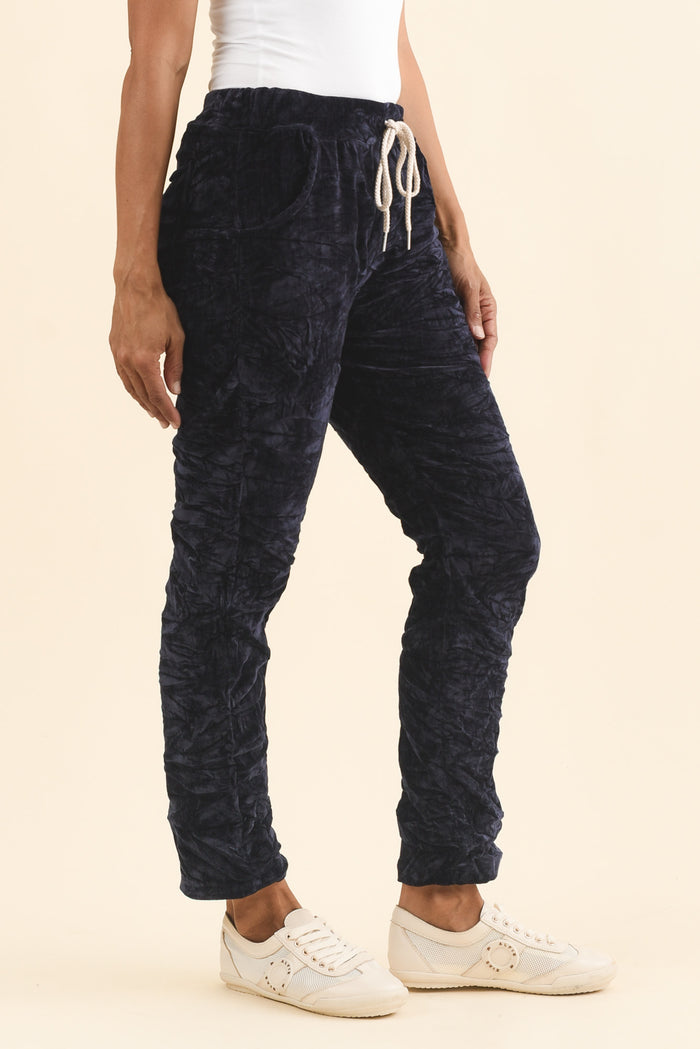 Soleil Navy Drawstring Pants,Brunette model,alt text|model:Cara