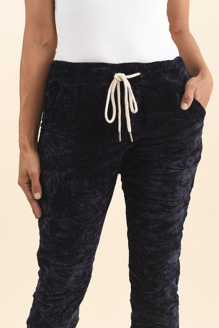 Soleil Navy Drawstring Pants,Brunette model,alt text|model:Cara