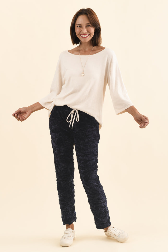 Soleil Navy Drawstring Pants,Brunette model,alt text|model:Cara
