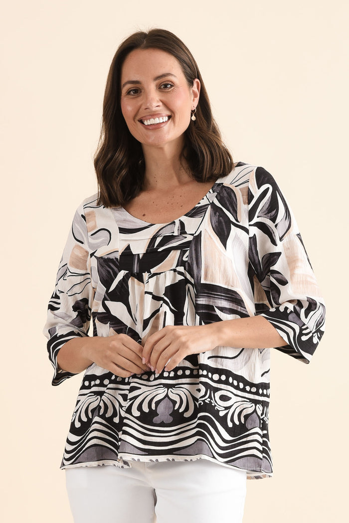 Solis Black Abstract Cotton Blend Top,Front,Brunette model,alt text|model:MJ