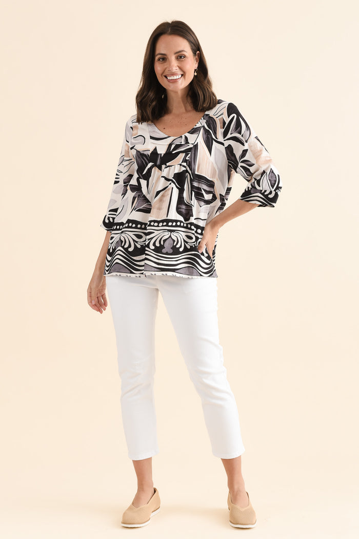 Solis Black Abstract Cotton Blend Top,Full Body,Brunette model,alt text|model:MJ