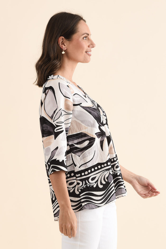 Solis Black Abstract Cotton Blend Top,Side,Brunette model,alt text|model:MJ