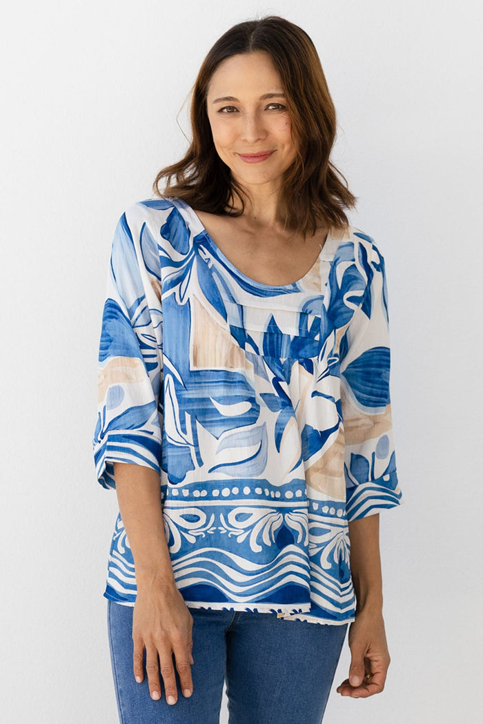 Solis Blue Abstract Cotton Blend Top,Lifestyle