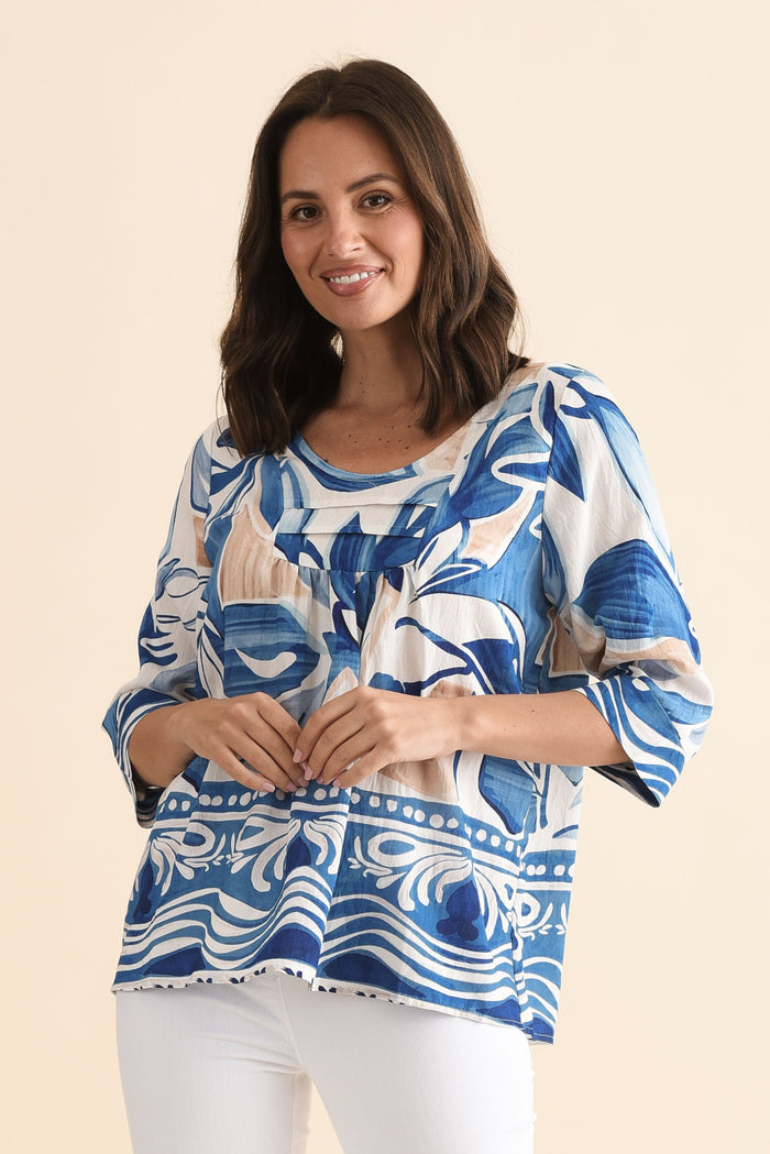 Solis Blue Abstract Cotton Blend Top,Front,Brunette model,alt text|model:MJ