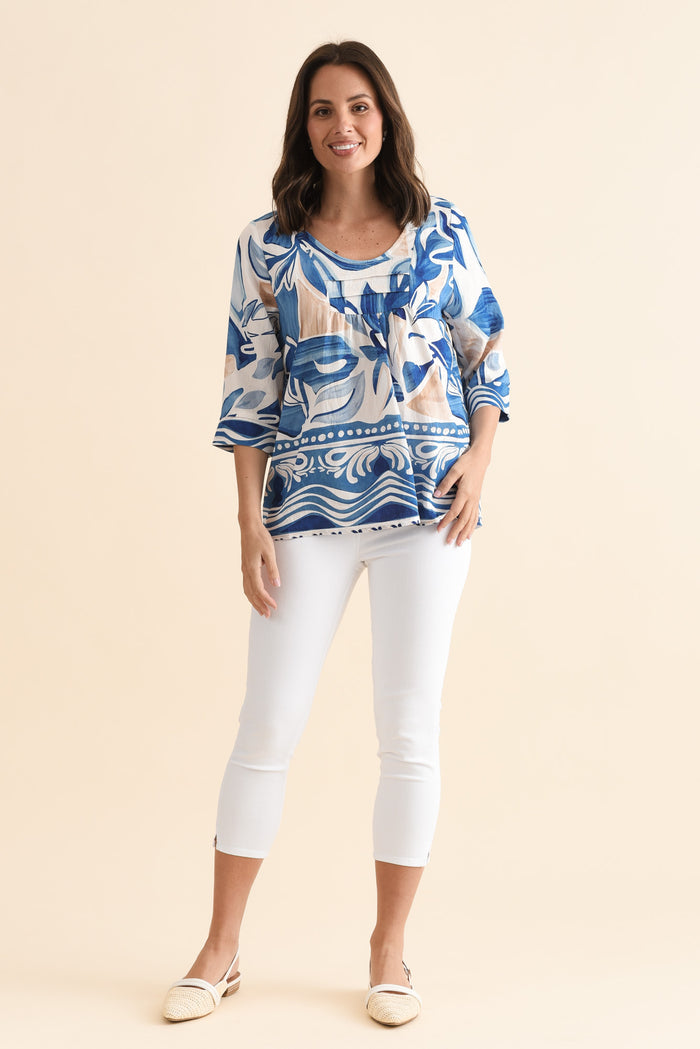 Solis Blue Abstract Cotton Blend Top,Full Body,Brunette model,alt text|model:MJ