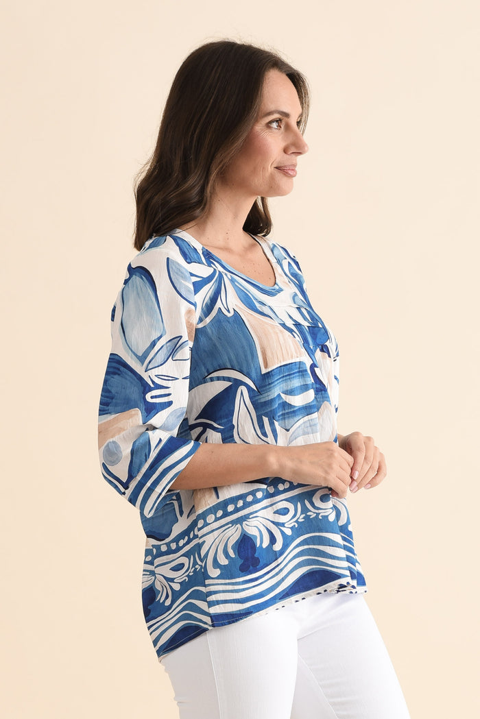 Solis Blue Abstract Cotton Blend Top,Side,Brunette model,alt text|model:MJ