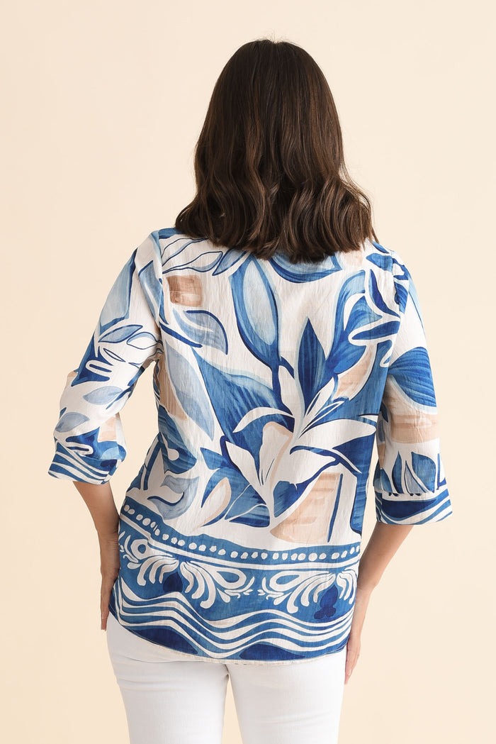 Solis Blue Abstract Cotton Blend Top,Back,Brunette model,alt text|model:MJ