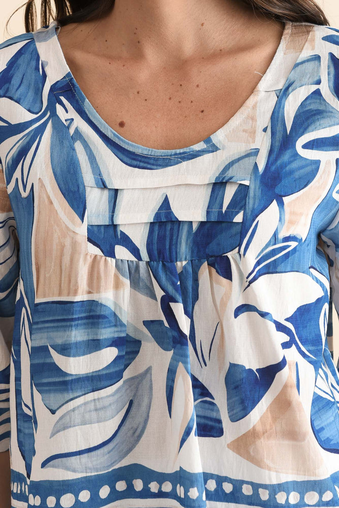 Solis Blue Abstract Cotton Blend Top,Detail,Brunette model,alt text|model:MJ