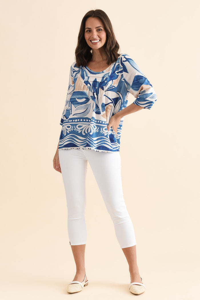 Solis Blue Abstract Cotton Blend Top,Full Body,Brunette model,alt text|model:MJ
