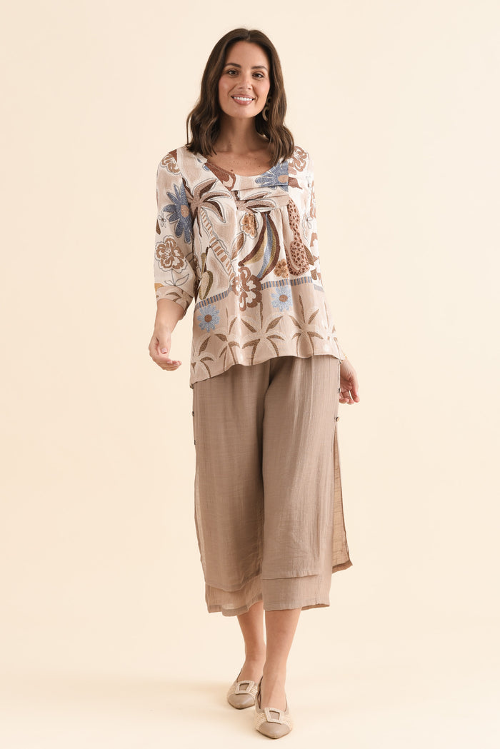 Solis Brown Jungle Cotton Blend Top,Full Body,Brunette model,alt text|model:MJ