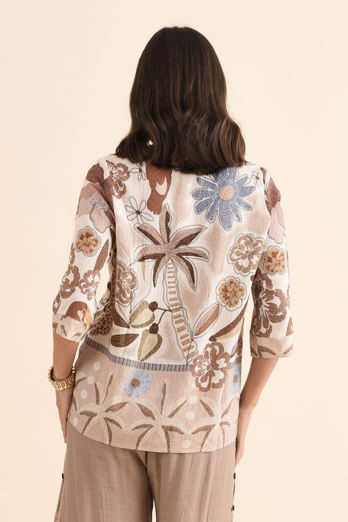 Solis Brown Jungle Cotton Blend Top,Back,Brunette model,alt text|model:MJ