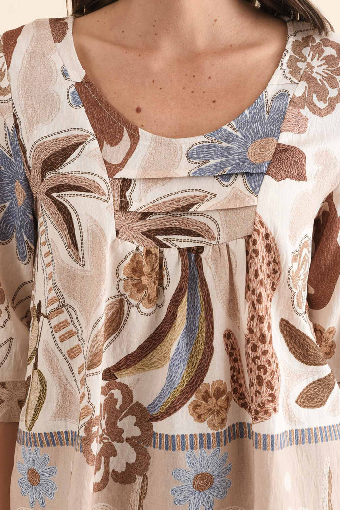 Solis Brown Jungle Cotton Blend Top,Detail,Brunette model,alt text|model:MJ