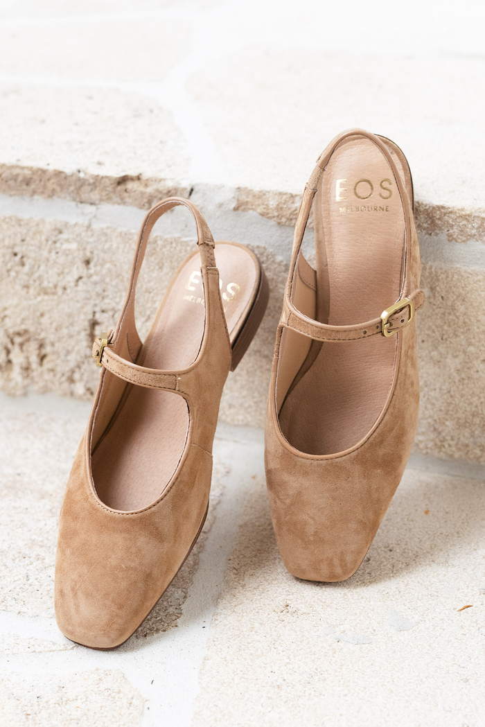 Sophina Camel Suede Slingback Mule, Lifestyle