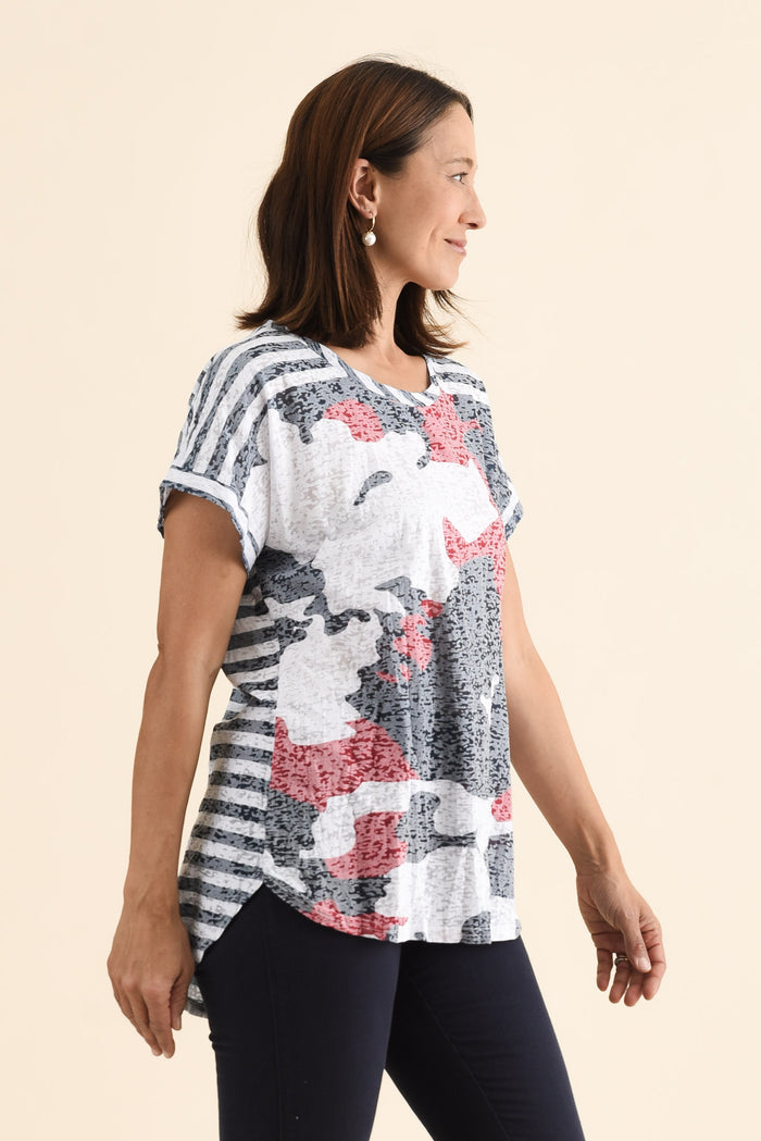 Sorelle Navy Abstract Cotton Blend Tee,Side,Brunette model,alt text|model:Cara