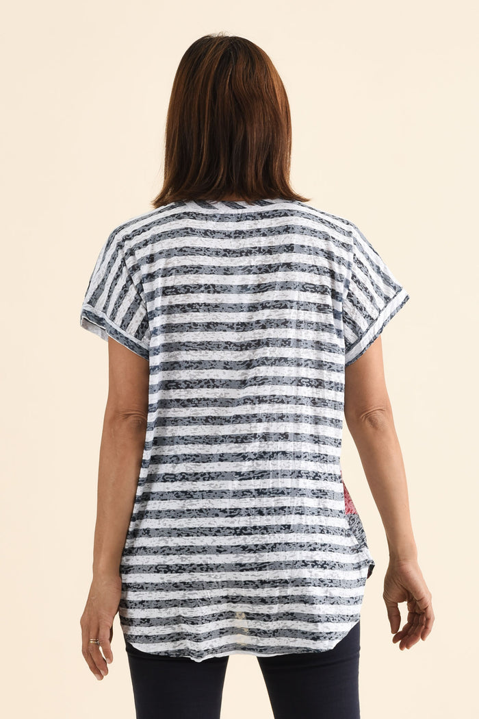 Sorelle Navy Abstract Cotton Blend Tee,Back,Brunette model,alt text|model:Cara