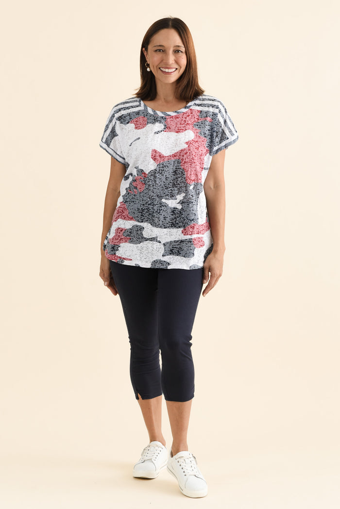 Sorelle Navy Abstract Cotton Blend Tee,Full Body,Brunette model,alt text|model:Cara