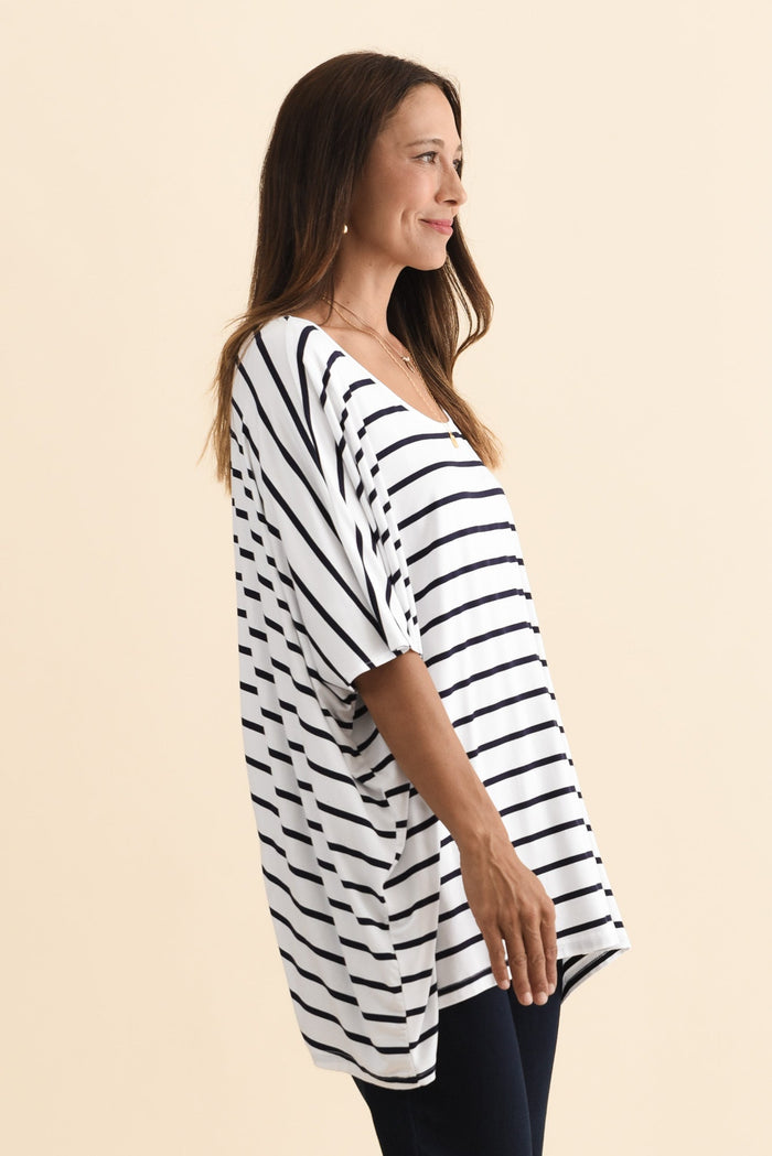 Sorronda White Stripe Bamboo Batwing Top,Brunette model,alt text|model:Cara